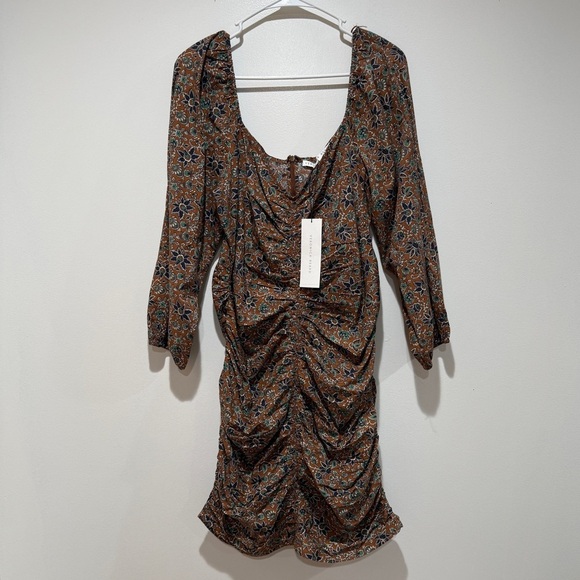 New Veronica Beard Nadi Puff Sleeve Minidress Sz 14 Floral Cinnamon Multi Ruche - Picture 3 of 13